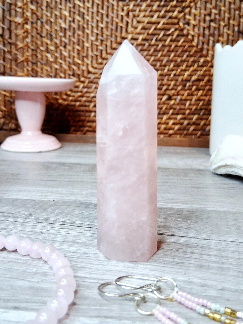 Rose Quartz Tower Bracelet & Drop Earrings Gift Set, 3 Piece Crystal Bundle
